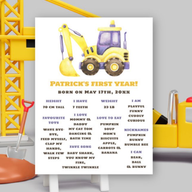 Excavator Truck First Birthday Milestone Birthday Poster (Creator Uploaded)