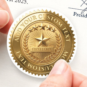 Excellence Award Certificate Editable 3D Foil Gold Classic Round Sticker