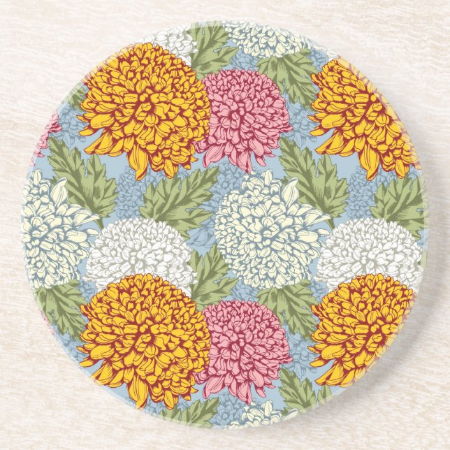 Excellent pattern with chrysanthemums drink coaster (Front)