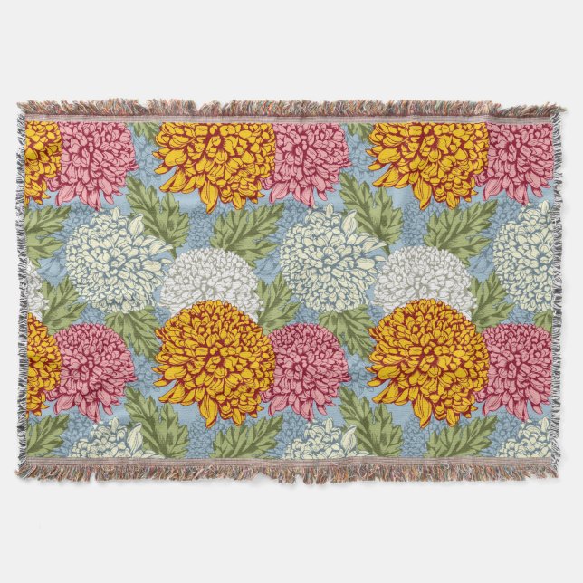 Excellent pattern with chrysanthemums throw blanket (Front)