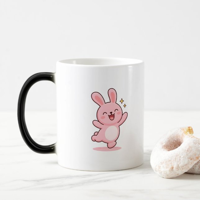 Excited Bunny Minimal Kawaii Style Color Morph Mug (With Donut)