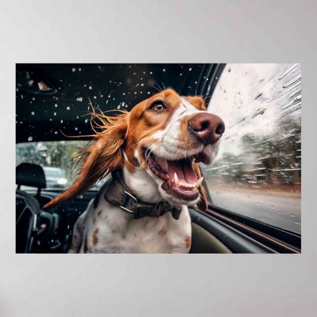 Excited Dog on Rainy Car Ride Art Print (Front)