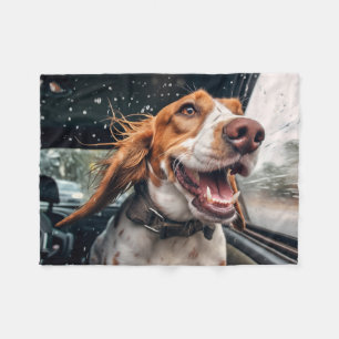 Excited Dog on Rainy Car Ride Art Print Fleece Blanket