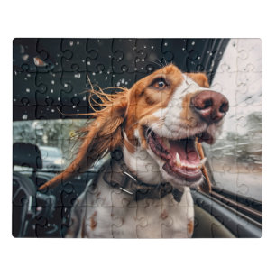 Excited Dog on Rainy Car Ride Art Print Jigsaw Puzzle