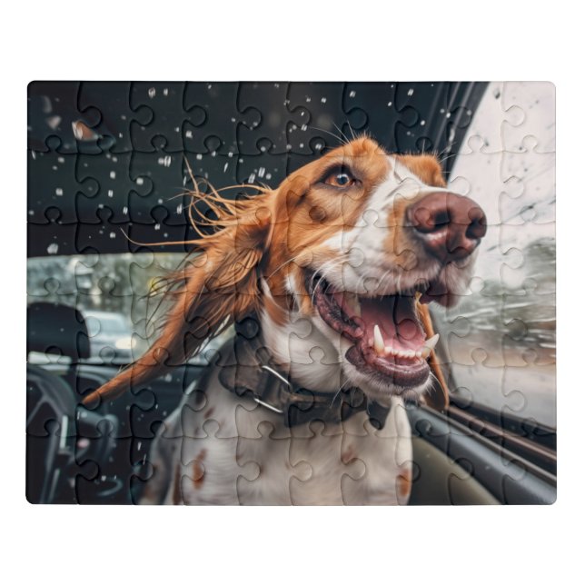 Excited Dog on Rainy Car Ride Art Print Jigsaw Puzzle (Puzzle Horizontal)