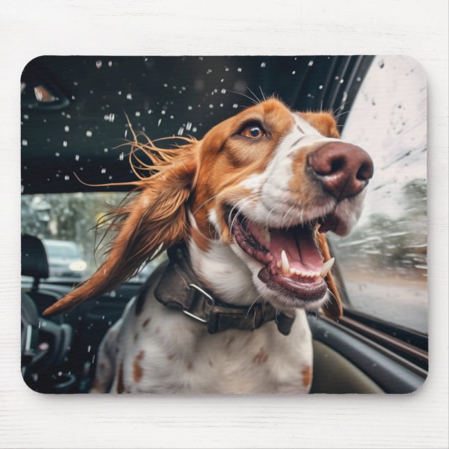 Excited Dog on Rainy Car Ride Art Print Mouse Pad (Front)