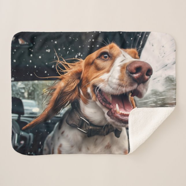 Excited Dog on Rainy Car Ride Art Print Sherpa Blanket (Front (Horizontal))