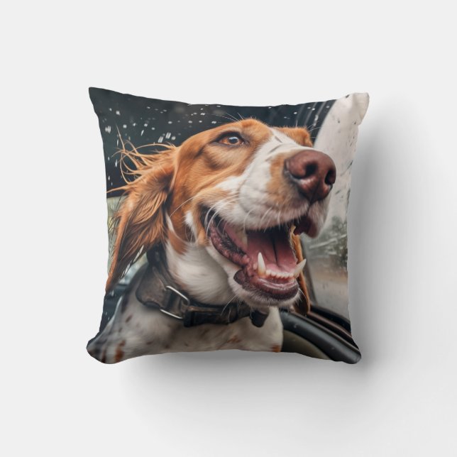 Excited Dog on Rainy Car Ride Art Print Throw Pillow (Front)