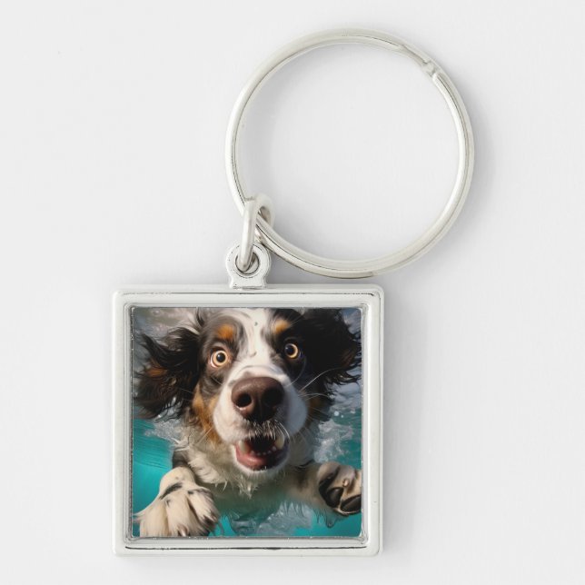 Excited Dog Swimming Underwater Design Keychain (Front)