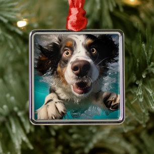 Excited Dog Swimming Underwater Design Metal Ornament