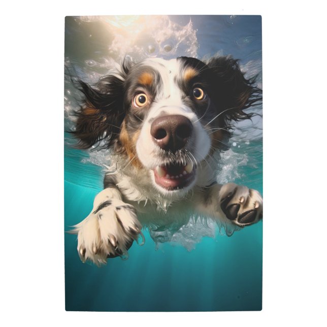 Excited Dog Swimming Underwater Design Metal Print (Front)