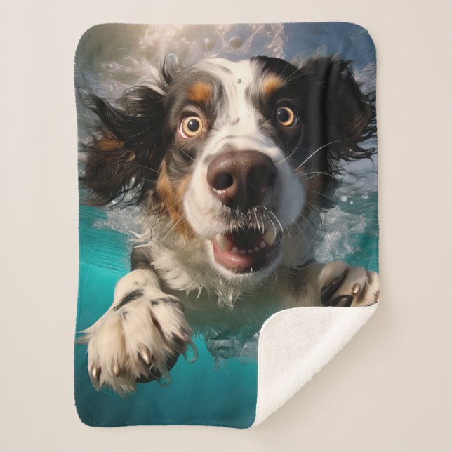 Excited Dog Swimming Underwater Design Sherpa Blanket (Front)