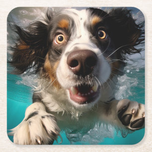 Excited Dog Swimming Underwater Design Square Paper Coaster