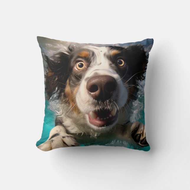 Excited Dog Swimming Underwater Design Throw Pillow (Front)