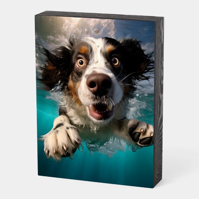 Excited Dog Swimming Underwater Design Wooden Box Sign (Angled Vertical)