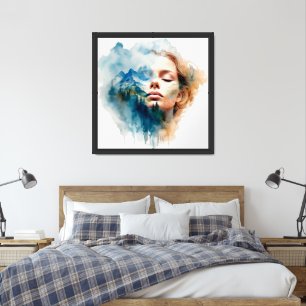 Excited double exposure of woman and mountain framed art