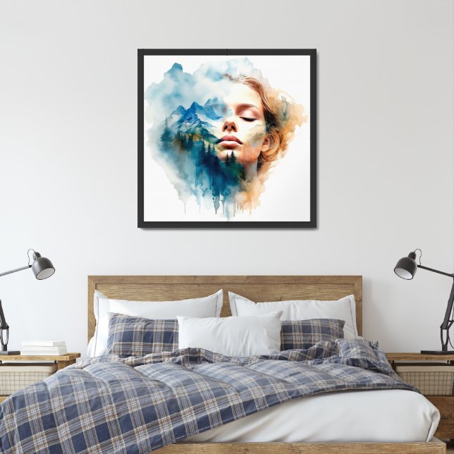 Excited double exposure of woman and mountain  framed art (Bedroom)