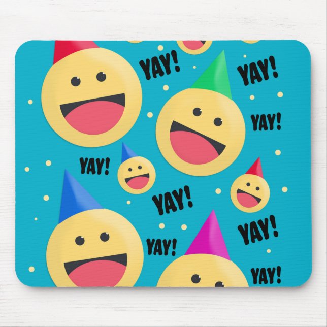 Excited Happy YAY Emojis in Party Hats Holiday Pos Mouse Pad (Front)