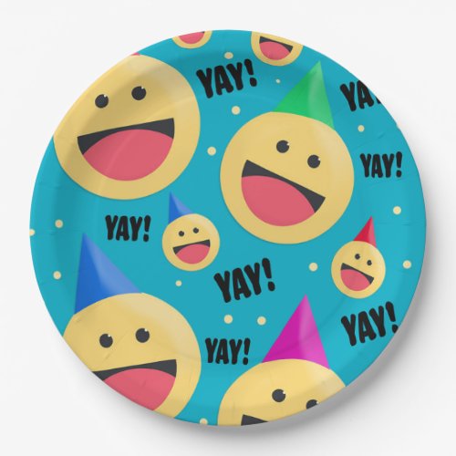 Excited Happy YAY Emojis in Party Hats Holiday Pos Paper Plates