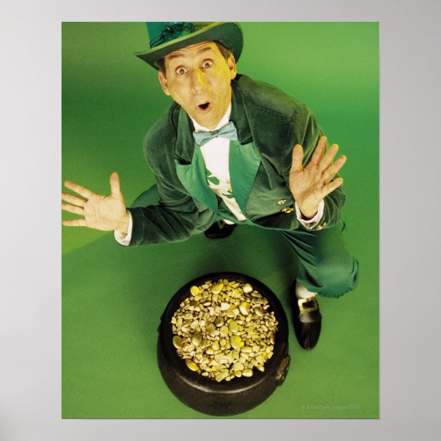 Excited leprechaun with pot of gold poster (Front)