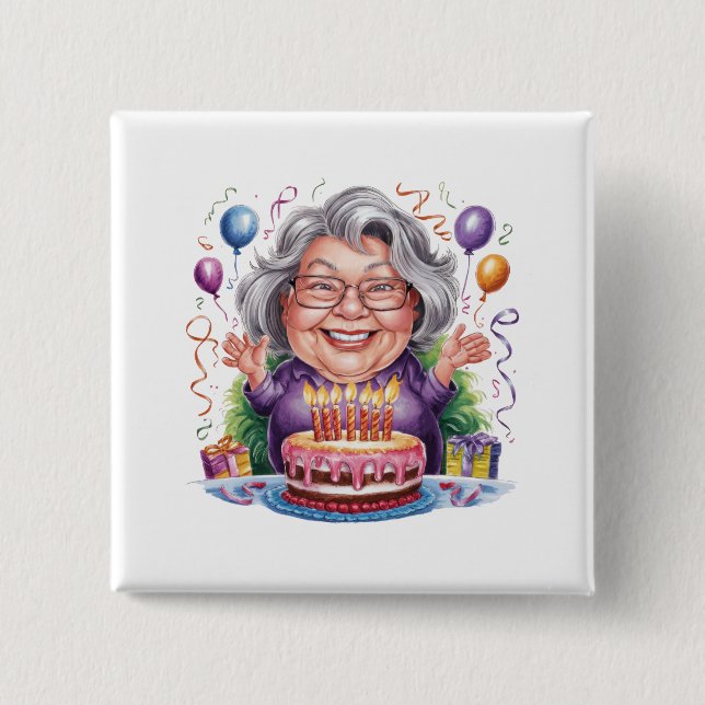 Excited Old Lady Birthday Cake Art Button (Front)