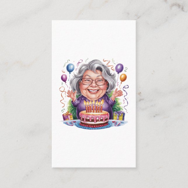 Excited Old Lady Birthday Cake Art Calling Card (Front)