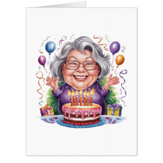 Excited Old Lady Birthday Cake Art Card