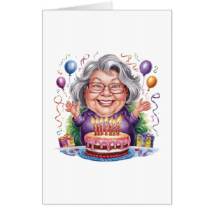 Excited Old Lady Birthday Cake Art Card