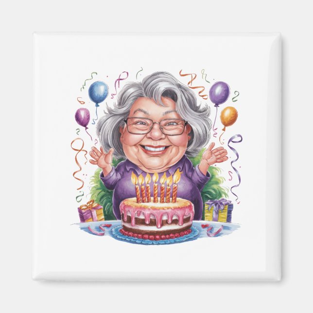 Excited Old Lady Birthday Cake Art Magnet (Front)