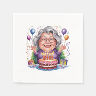Excited Old Lady Birthday Cake Art Napkins