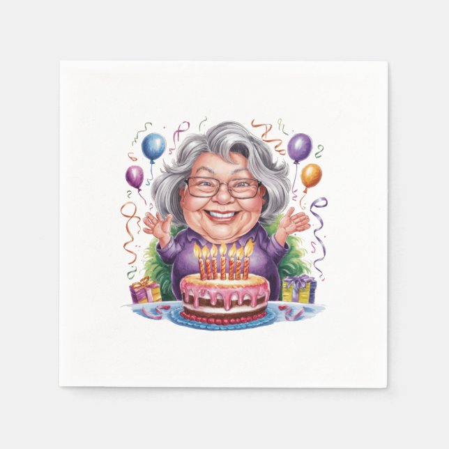 Excited Old Lady Birthday Cake Art Napkins (Front)