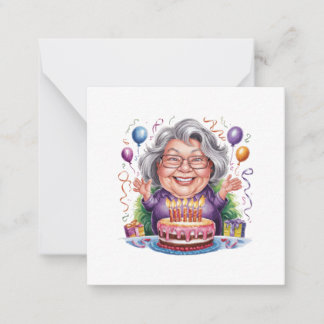 Excited Old Lady Birthday Cake Art Note Card