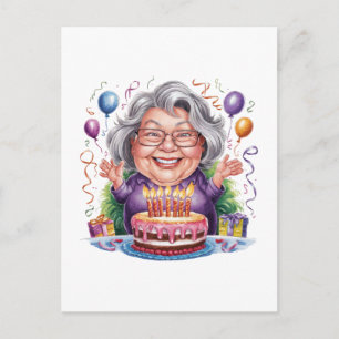 Excited Old Lady Birthday Cake Art Postcard
