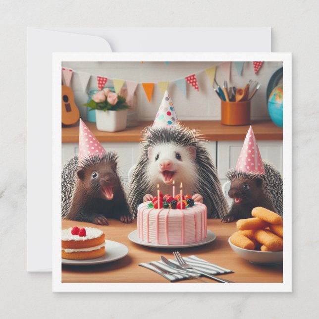 Excited porcupines celebrating birthday with cake invitation (Front)