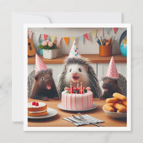 Excited porcupines celebrating birthday with cake invitation