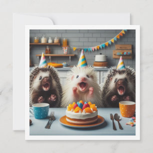 Excited porcupines celebrating birthday with cake invitation