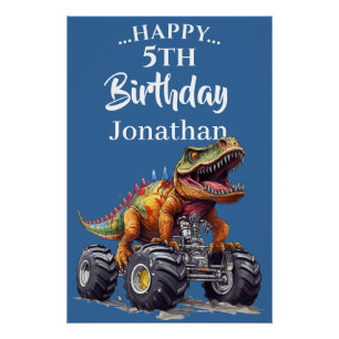 Exciting Blue Dinosaur T-Rex Monster Truck Theme Poster