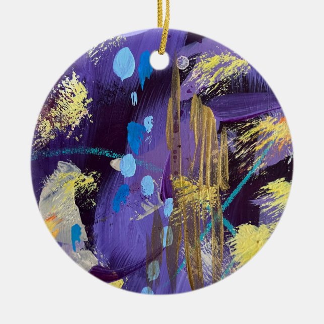 Exciting blue, purple, and gold abstract art ceramic ornament (Front)