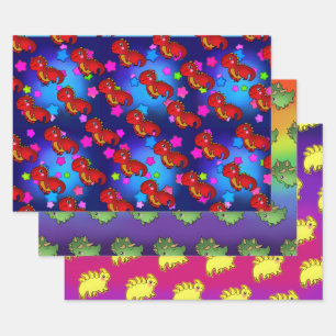 Exciting Dinosaur with Rainbow Galaxy Stars Wrapping Paper Sheets