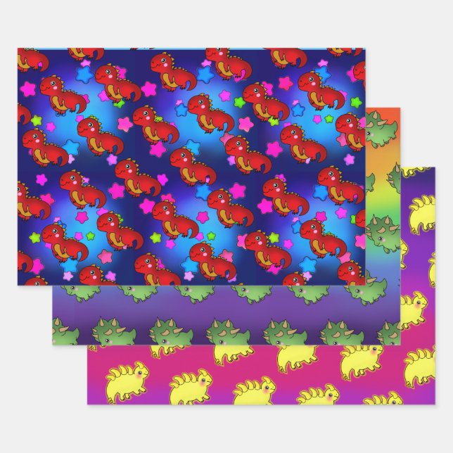 Exciting Dinosaur with Rainbow Galaxy Stars Wrapping Paper Sheets (Set)