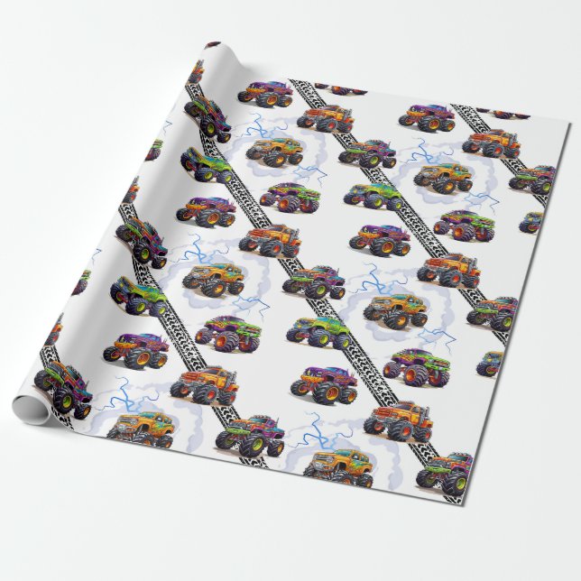 Exciting Kids Monster Truck Pattern Wrapping Paper (Unrolled)