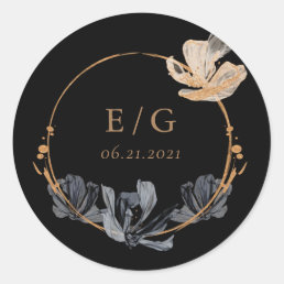 exclusive black gold floral monogram wedding  classic round sticker