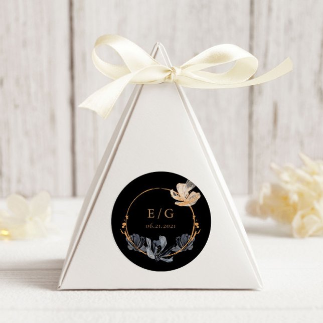 Exclusive Black Gold Floral Monogram Wedding  Classic Round Sticker (Creator Uploaded)
