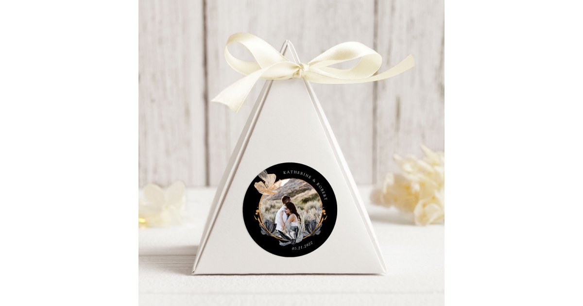 Exclusive Black Gold Floral Monogram Wedding Classic Round Sticker | Zazzle