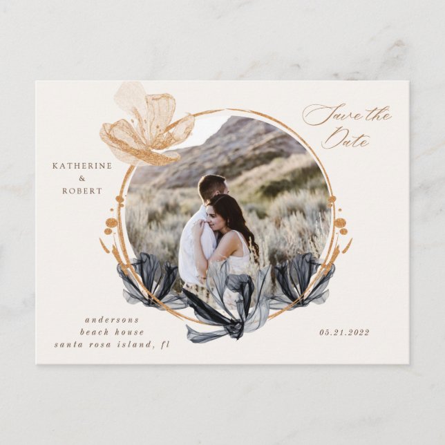 Exclusive Black Gold Floral Save The Date Postcard (Front)