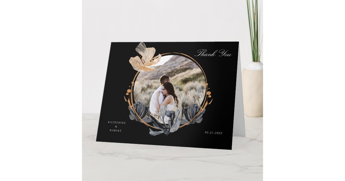 exclusive black gold floral thank you card | Zazzle
