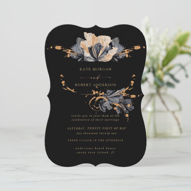 Exclusive Gold And Black Floral Wedding Invitation (Standing Front)