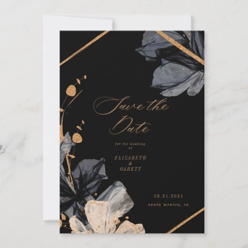 exclusive gold black floral save the date card