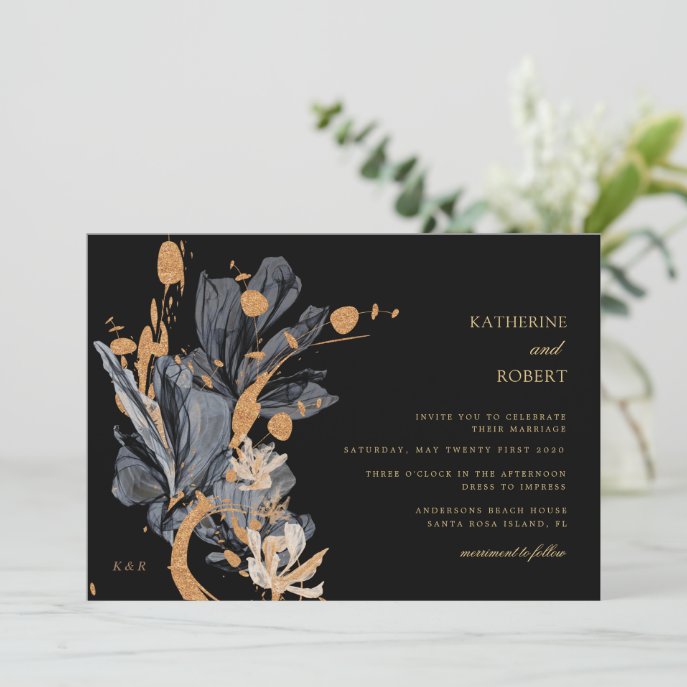 exclusive gold black floral wedding invitation