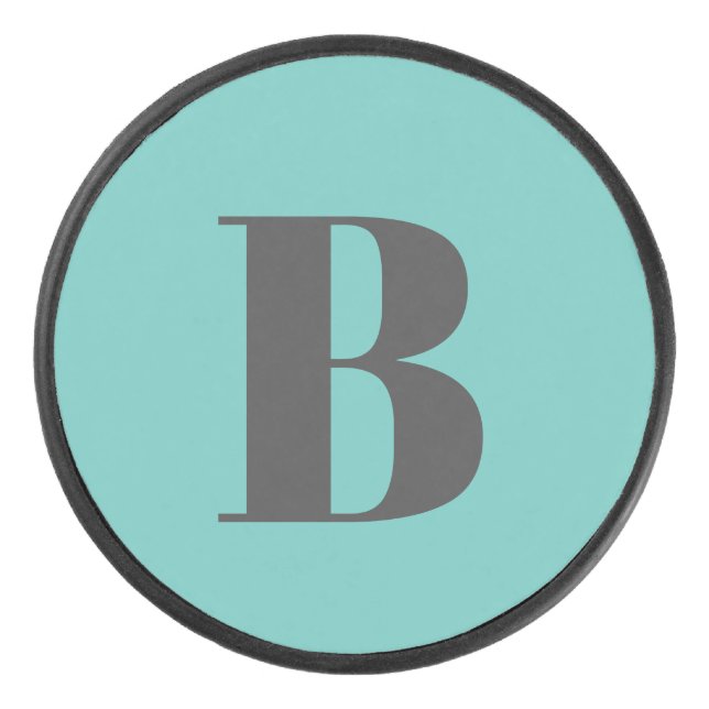 Exclusive Light Teal Gray Monogram Initial Letter Hockey Puck (Front)